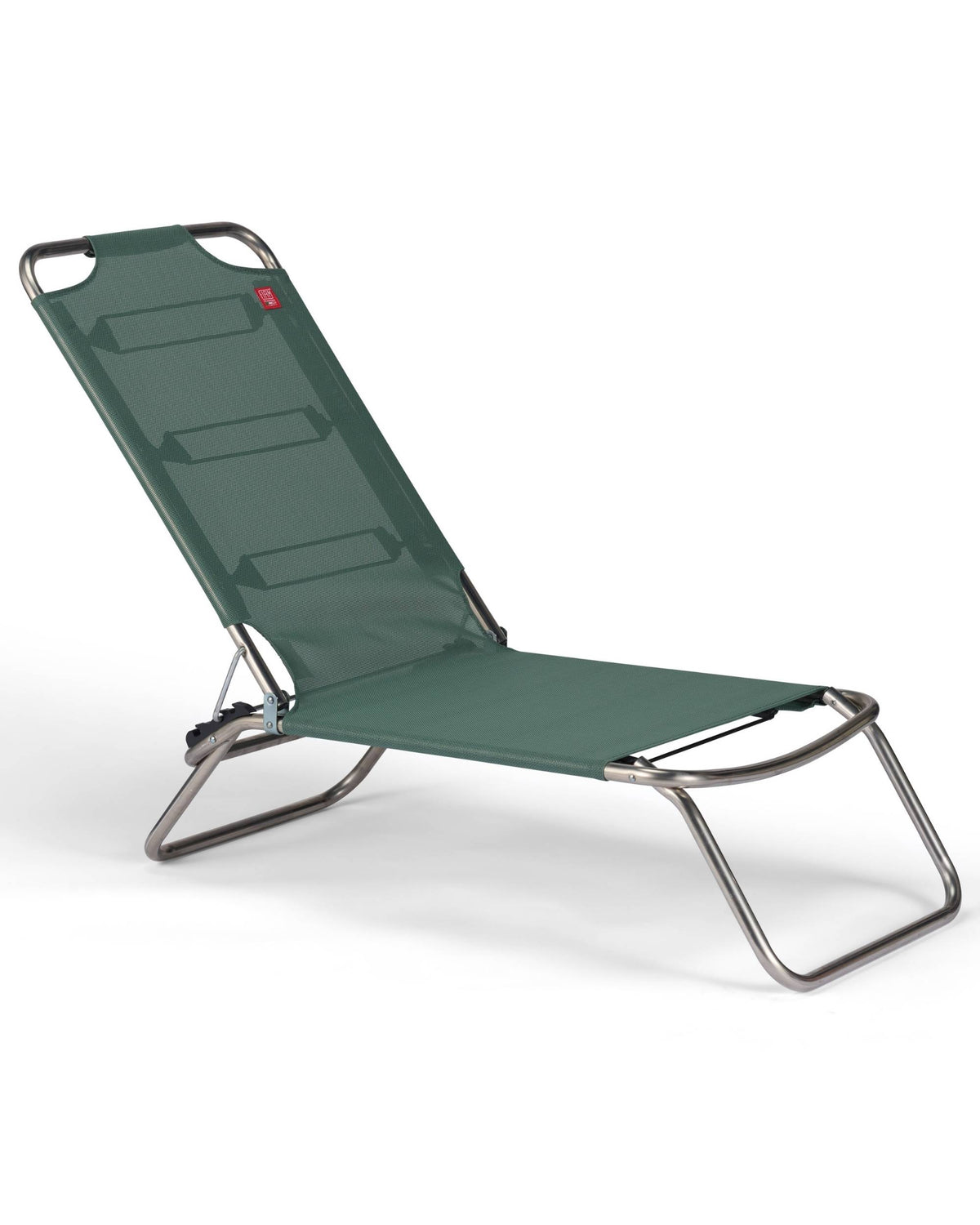 Fiam Jolly strandstol, en mørkegrønn tekstil og aluminium solstol i justerbar posisjon fra siden