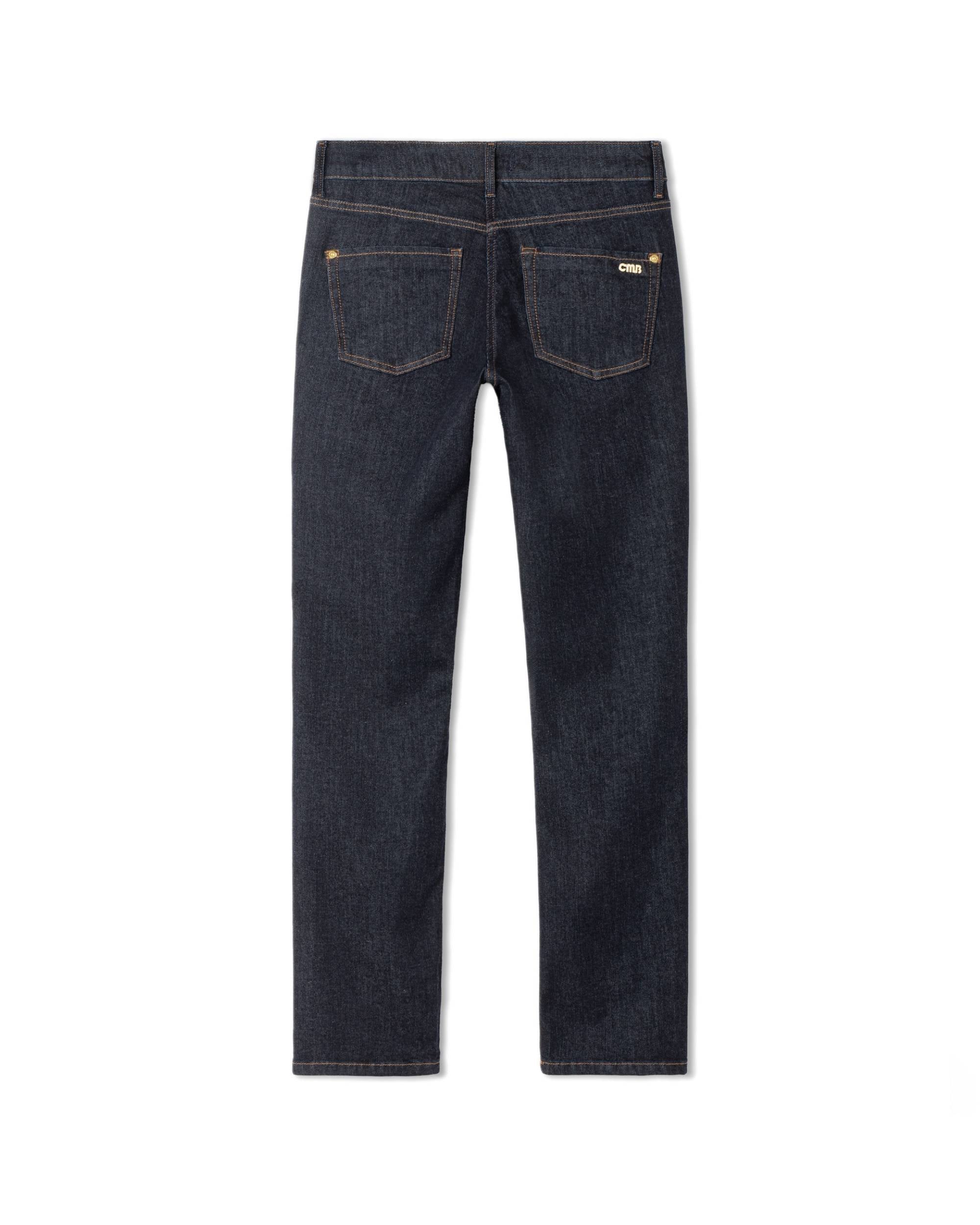Cambio Piper Long bukse, mørkeblå denim med to baklommer og gult sømdetaljer og logo
