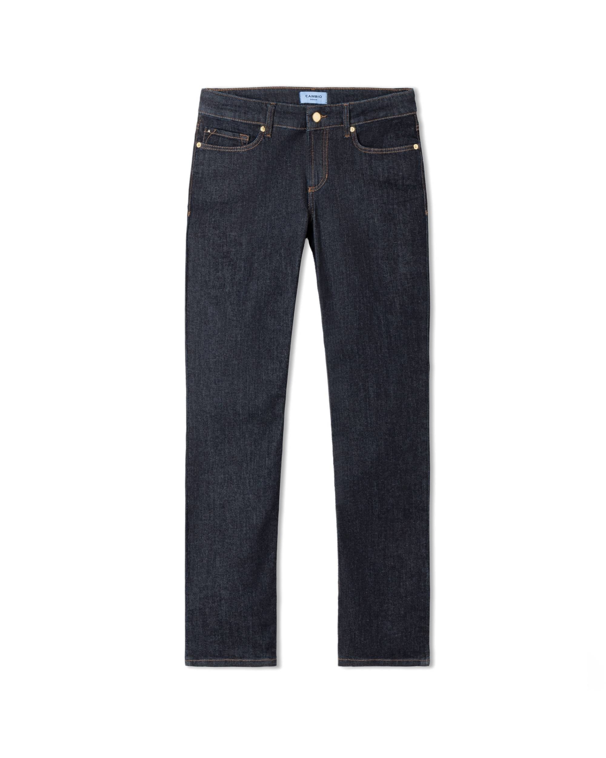 Cambio Piper Long bukse i mørkeblå denim med smale ben, normal livhøyde og gylne sømmer/knapper
