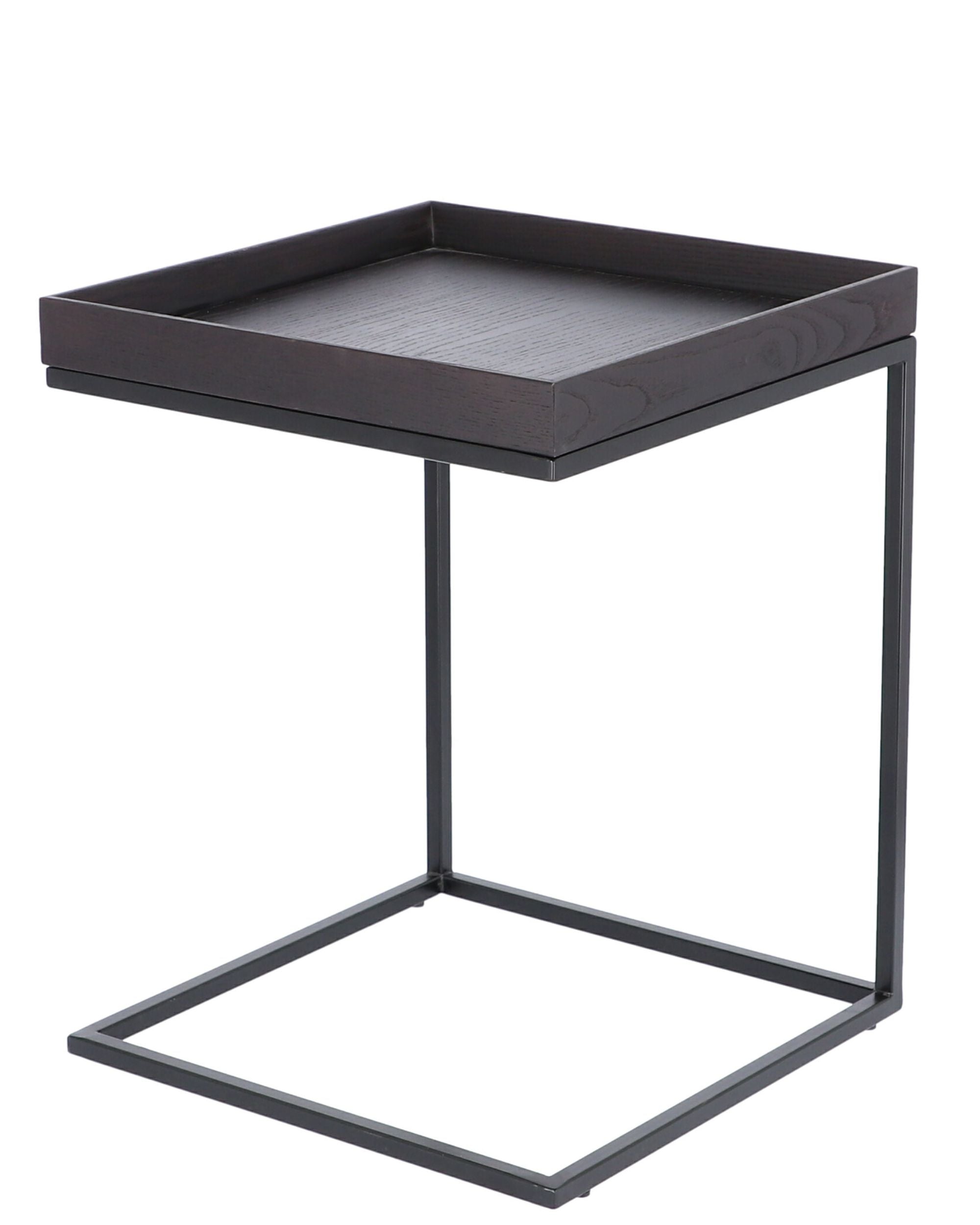 Jan Kurtz Pizzo sidebord: detalj av avtakbar dyp mørk trebrett med synlig trestruktur på matt svart metallramme