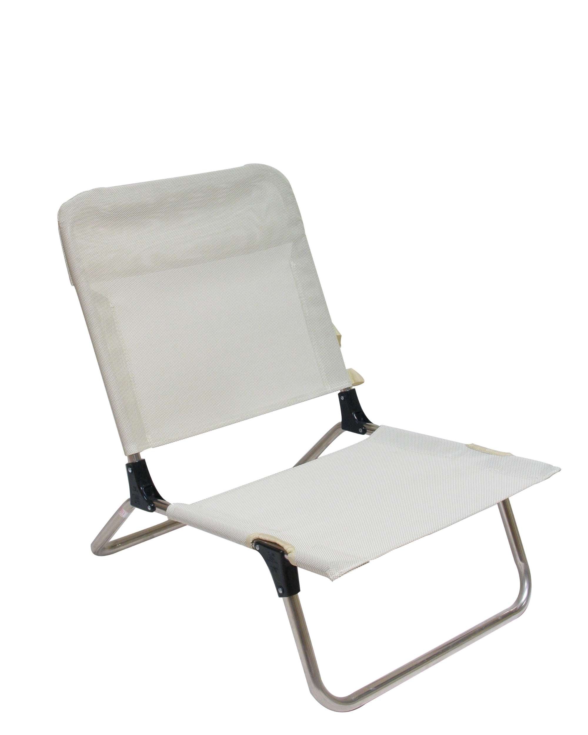 FIAM Quick strandstol, detaljbilde med lys teksturert duk og aluminiumsramme, svart feste.