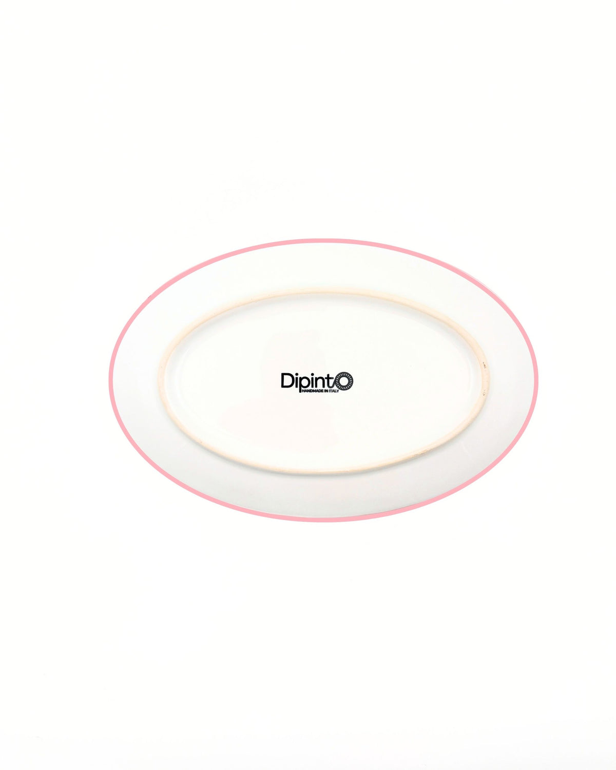 Dipinto Ceramics Linea Ovalt Fat, underside med lyserød kant og logo, italiensk keramikk