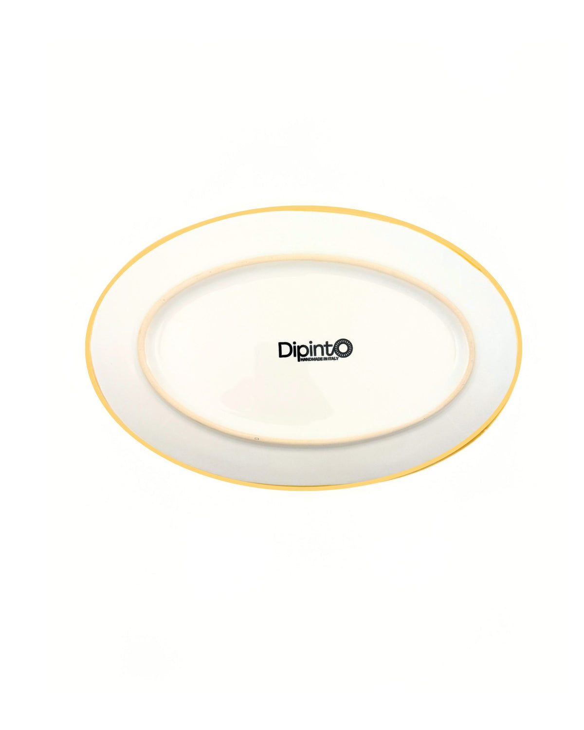 Dipinto Ceramics Linea Ovalt Fat 24cm, underside med gult kantbånd, Dipinto-logo og ulakert keramikkring i hvitt
