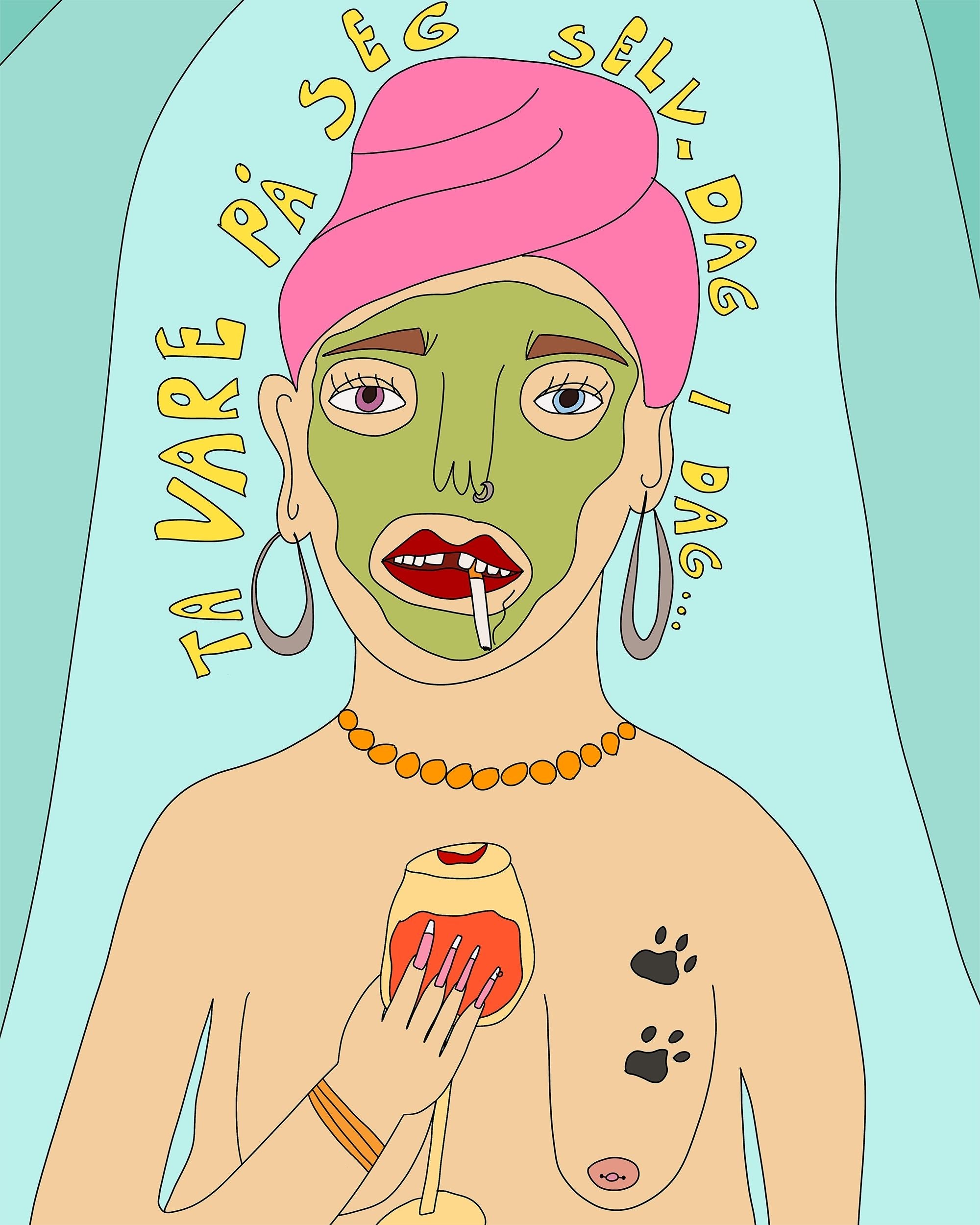 Printbydale "Ta vare på seg selv" print, detalj kvinde med ansiktsmaske, sigarett, piercinger, vin og tekst